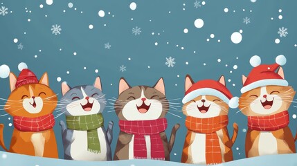Cheerful Cats Celebrating Winter Festivities in a Snowy Landscape with Hats and Scarves, Perfect for Holiday-Themed Illustrations and Greeting Cards
