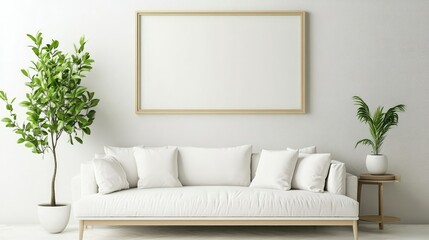 Minimalist living room with a blank wall frame and a single plant