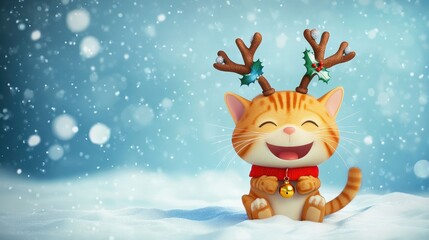 Adorable Cartoon Cat with Reindeer Antlers Celebrating Christmas in a Snowy Winter Wonderland with Soft Snowflakes Falling and Holiday Cheer