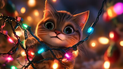 Adorable Young Cat Playing with Colorful Christmas Lights Amid Festive Decorations, Capturing the Spirit of Joy and Whimsy During the Holiday Season