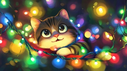Adorable Cat Surrounded by Colorful Christmas Lights in a Cozy and Magical Atmosphere During the Festive Season, Perfect for Holiday Cheer and Joyful Moments