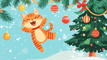Cheerful Cartoon Cat Enjoying a Festive Winter Scene with Colorful Ornaments and a Christmas Tree Surrounded by Snowflakes and Pine Branches