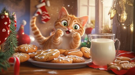 Playful Ginger Cat with Green Eyes Enjoys a Festive Holiday Scene with Milk and Cookies on a Cozy Table Surrounded by Christmas Decorations and Cheerful Atmosphere