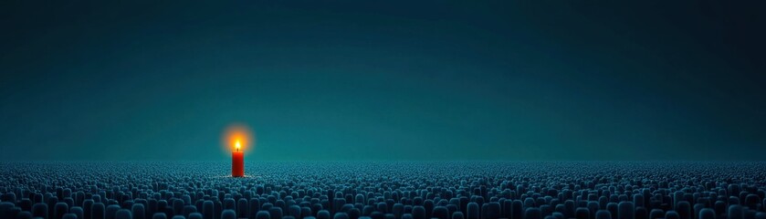 Fototapeta premium A solitary candle illuminating a vast, dark blue landscape.