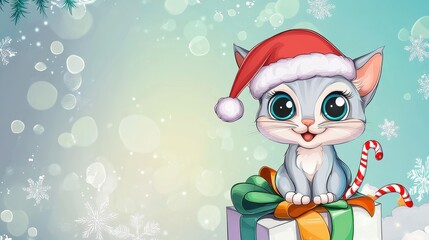 Cute Gray Cat Wearing Santa Hat Surrounded by Colorful Gift Boxes and Candy Canes in a Festive Winter Scene with Fluffy Snowflakes and Bright Background
