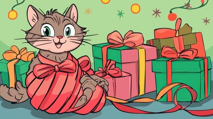 Adorable Cartoon Cat Wrapped in Red Ribbon Surrounded by Colorful Holiday Presents in a Festive and Cheerful Atmosphere