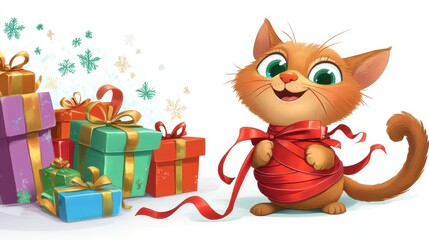 Playful cartoon cat celebrating the holiday season with colorful gifts, ribbons, and a joyful expression, perfect for festive designs and cheerful promotions.