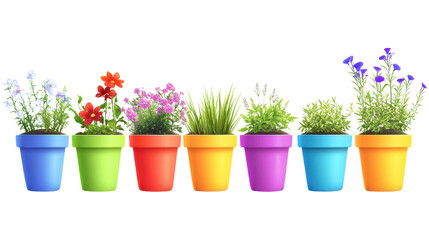 Colorful Flower Pots with Various Plants Arrangement on White Background