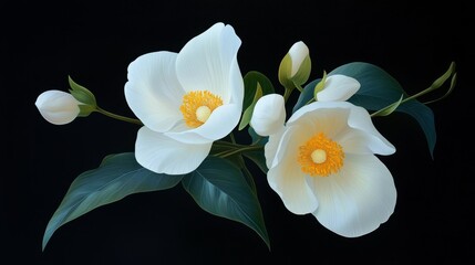 White Blossom Elegance - Delicate white flowers, vibrant yellow centers, lush green leaves, dark background, nature's beauty.