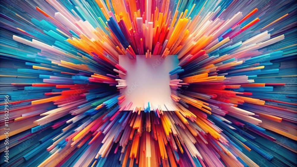 Poster Vibrant multicolored lines converge towards a central blank space, creating a dynamic and energetic abstract composition ideal for design projects needing a bold visual element.