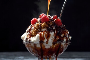 Delicious Ice Cream Sundae With Raspberries And Chocolate Sauce