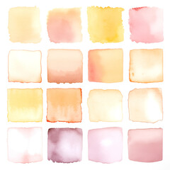 Watercolor color swatches with different textures in soft pastel shades, featuring warm tones, hand-painted gradients, and artistic designs.