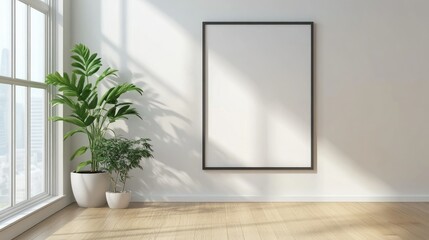Minimalist living room with a blank wall frame and a single plant