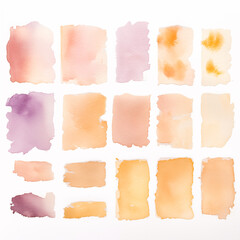 Watercolor swatches background texture features pastel abstract gradients in soft square designs, creating a colorful artistic painting.