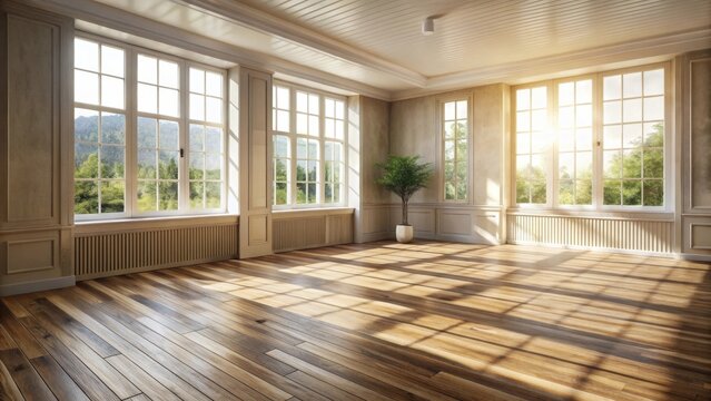 Sunlight streams through large windows illuminating a spacious room with hardwood floors and classic millwork