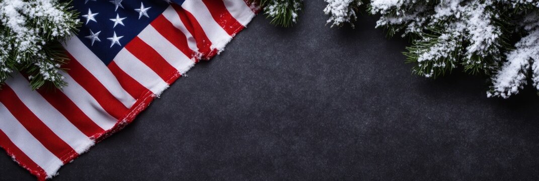 Winter Patriotism: Flag and Snow - Festive winter scene featuring an American flag, snow-covered pine branches, and a dark background. Symbolizing: patriotism, winter holidays, peace, remembrance, and - Powered by Adobe