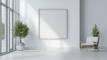 Minimalist living room with a blank wall frame and a single plant
