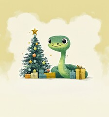 Cute green snake with big eyes near a Christmas tree, gifts are lying nearby. The background is in soft yellow tones.For winter holidays, Christmas and New Year. For postcards, calendar,poster