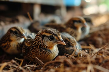 Buttonquail chicks standing on the ground, with other chicks in the background	
