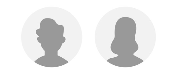 Vector flat illustration in grayscale. Icons of man and woman. Avatar, user profile, person icon, profile picture. Suitable for social media profiles, icons, screensavers and as a template.