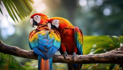 Obraz premium Vibrant Macaws on Branch Tropical Birds Wildlife Nature