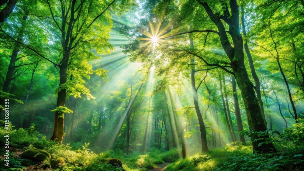 Poster sunbeams filtering through a lush green forest canopy