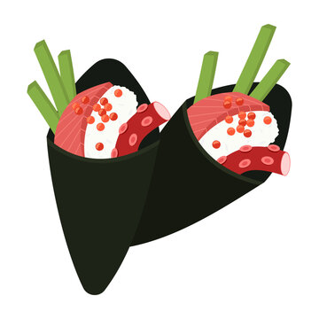recommend clip art: Sushi and roll pattern. Sushi seamless background. Tobiko maki, Philadelphia roll, onigiri, shrimp nigiri, futomaki, sake temaki, soy bowl, wasabi