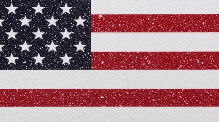 Fototapeta premium Winter Wonderland USA Flag - Festive winter scene featuring a snowy, textured American flag. Symbolizing patriotism, winter holidays, American pride, national identity, and a celebratory spirit.