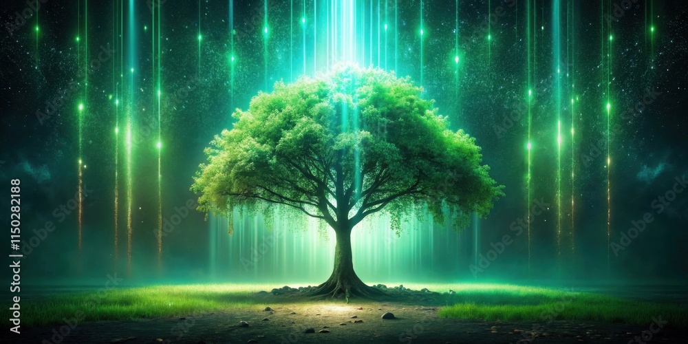 Aufkleber mystical tree of life illuminated by ethereal green light beams in a dreamlike night setting
