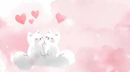 Watercolor valentine with cute animal. Two cute cats sitting together with hearts, set against a soft pink background.