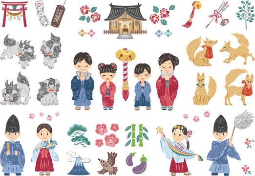 1月　正月　神社へ初詣に行く家族　イラストセット