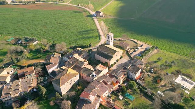 Aerial images of Argelaguer, a small village between mountains in the Garrotxa area in Girona	
