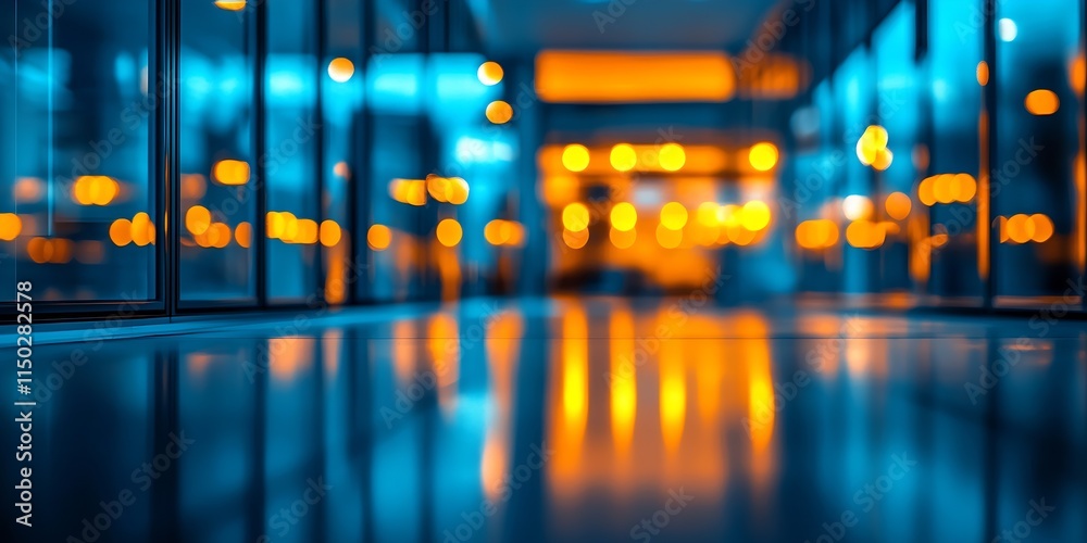 Poster modern reflective corridor with blue and orange abstract bokeh lighting : generative ai