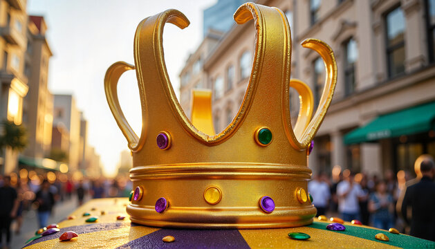 A golden crown decoration on a parade float celebrating Mardi Gras with a vibrant street background