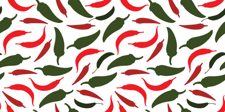 Chili peppers in flat style. Seamless pattern for kitchens, cafes, clothes and more. Silhouette. Vector illustration.