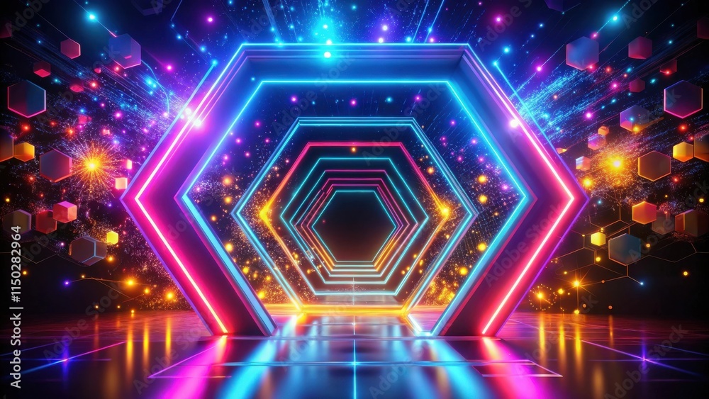 Poster Vibrant Neon Hexagon Portal Futuristic, Energetic, and Illuminated Gateway to a Sparkling Digital Realm