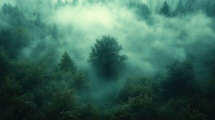 Fototapeta premium Foggy forest, single tree, aerial view.