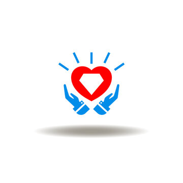 Vector illustration of hands palm care and heart with diamond. Symbol of core value. Icon of HR and telents.