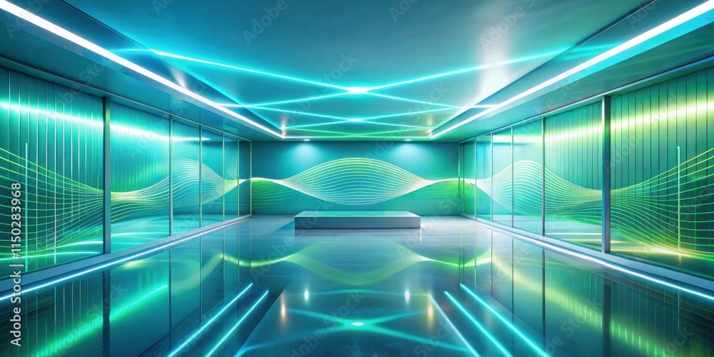 Poster futuristic corridor with neon lighting and abstract wave designs on walls and floor