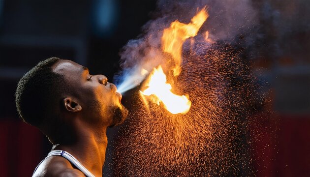 fire eater man shot fire from his mouth , circus show.