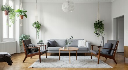 Fototapeta premium modern creative living room interior design backdrop ideas concept house beautiful background elevation of sofa with decorative photo paint frame full wall background