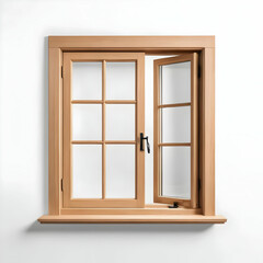 A light brown wooden casement window is partially open, showcasing its multiple panes and a simple black handle. Its set in a white wall with a matching wooden sill.