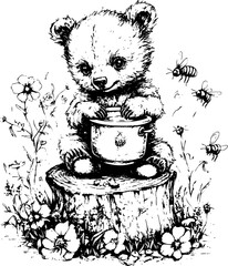 Cute bear cub holding honey pot with bees and flowers.