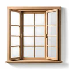 Obraz premium A light brown wooden casement window with multiple panes is shown open, showcasing its detailed craftsmanship and clean design against a white background.