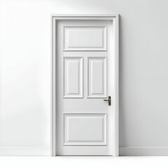 A pristine white paneled door stands in a minimalist interior. Clean lines and simple design characterize this elegant entryway. The door features recessed panels and a subtle handle.