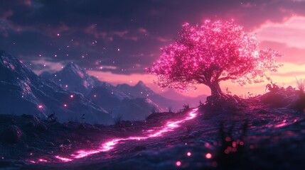 Obraz premium A serene landscape featuring a glowing pink tree and a luminous path amidst mountains.