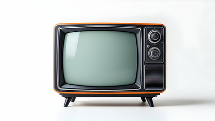 A vintage orange and black analog television set with a small screen on short legs sits against a white background. It evokes feelings of nostalgia and classic home entertainment.