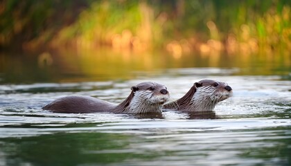 Obraz premium Two Otters Swimming in Calm River Water at Sunset