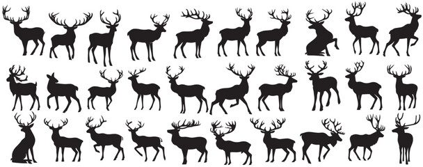 Collection of Deer Silhouette of Deer Jumping and Standing with Horns vector