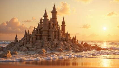 Fototapeta premium Majestic sandcastle at sunset on the beach, surrounded by gentle waves and a beautiful sky, creating a magical atmosphere